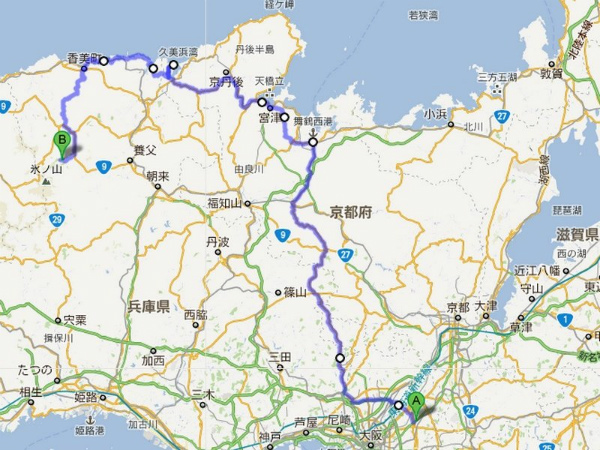 １日目の概略コース。約270Km